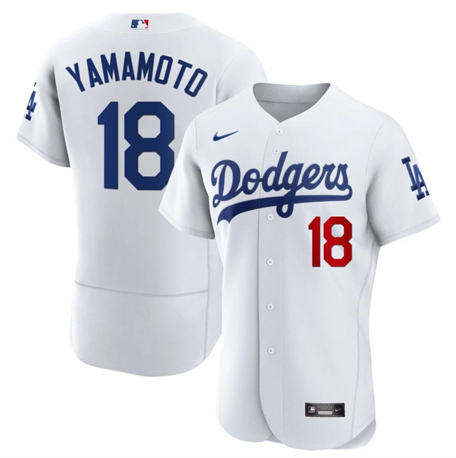 Los Angeles Dodgers #18 Yoshinobu Yamamoto White 2023 Flex Base Stitched Jersey - Click Image to Close